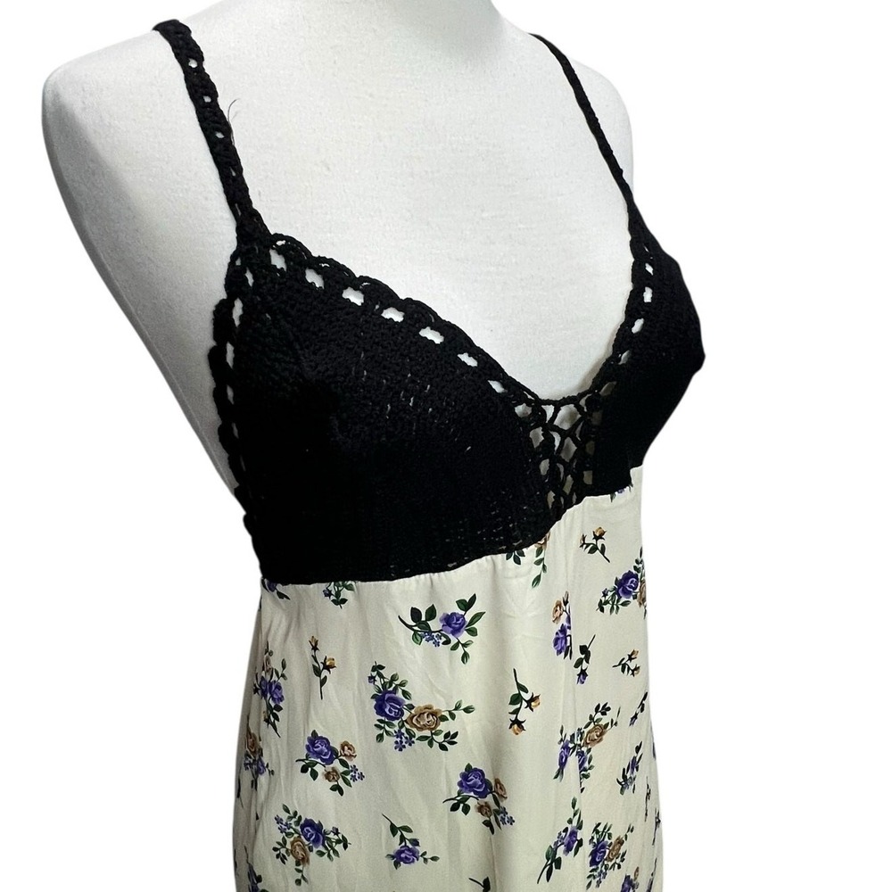 Zara Crochet Satin Maxi Slip Dress Black Cream Lavender Floral Boho Festival‎ S - Picture 4 of 14